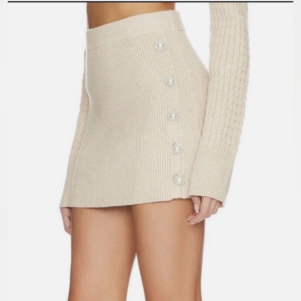 Stitches & Stripes Latte Ribbed Knit Mini Skirt XL | Pearl Button Detail | NWT